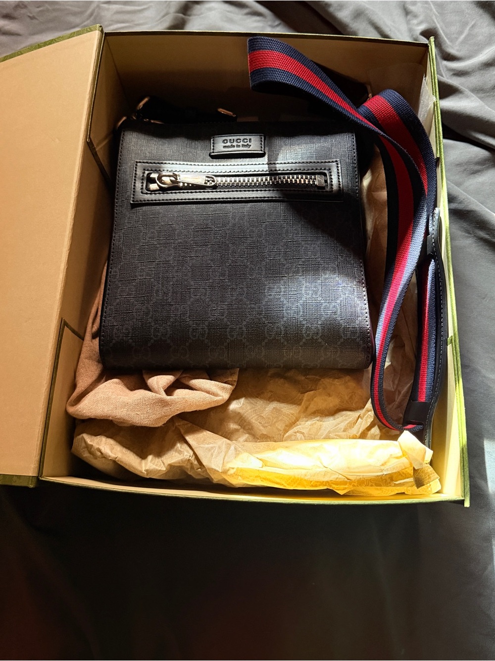 Gucci Black Monogram Crossbody with Red & Blue Web Strap